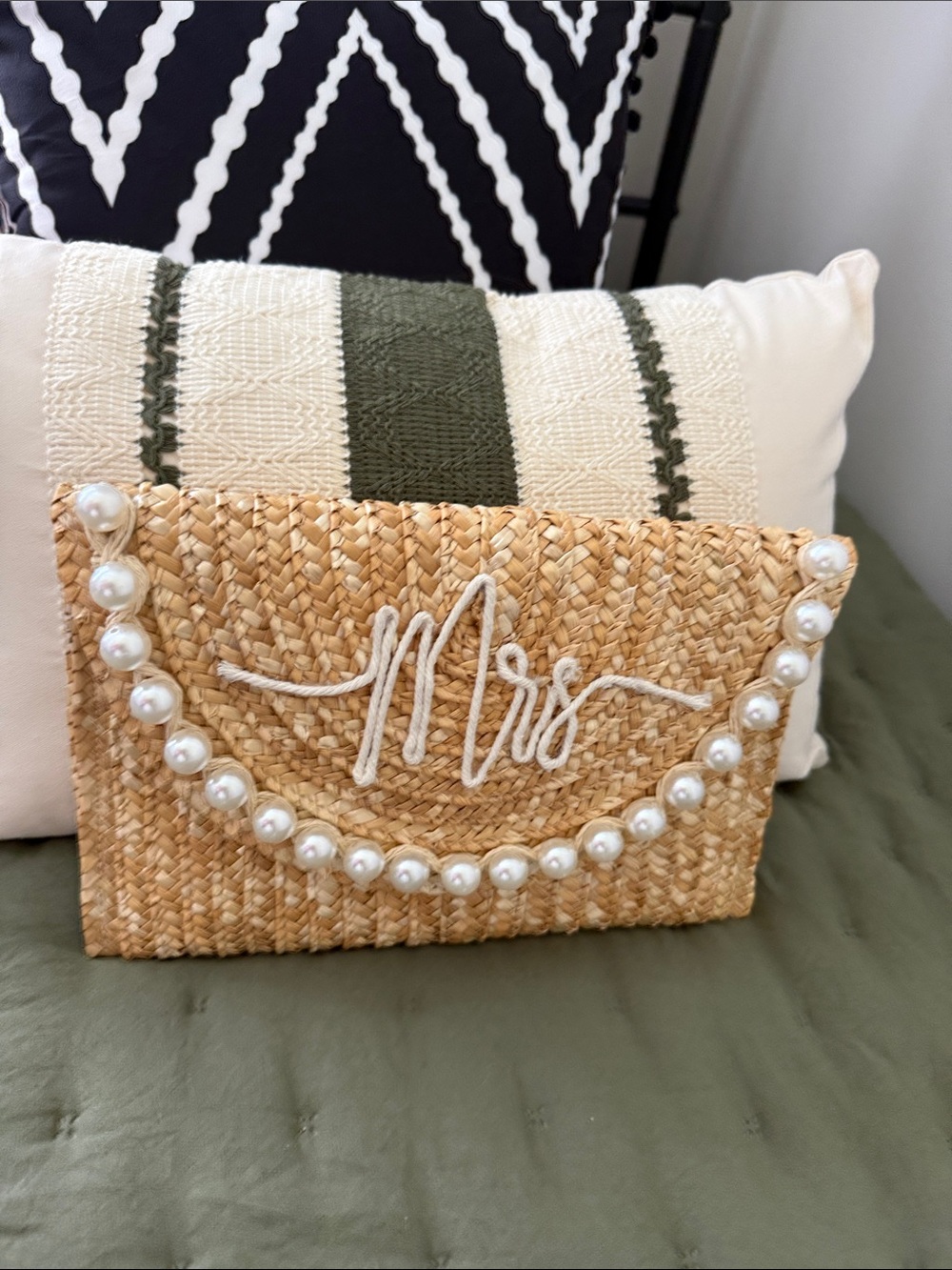 Straw Clutch with 'Mrs' Script and Pearl Trim - Natural